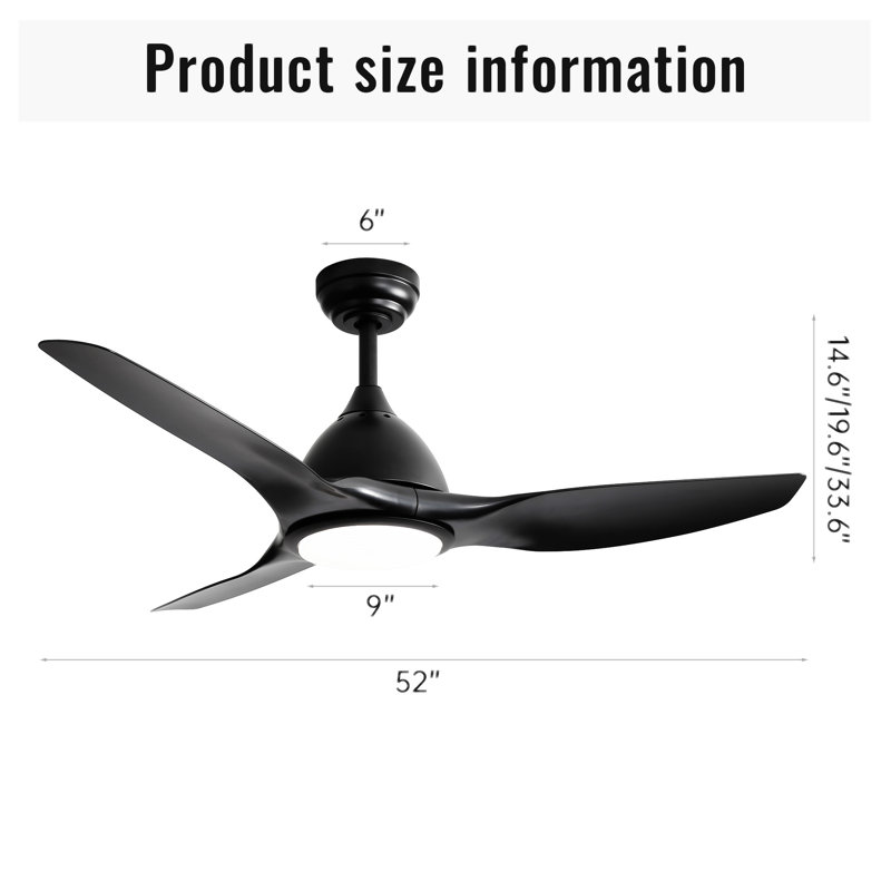 Ventilateur de plafond moderne 52 pouces avec lumière DEL 22W, Noir, noir, noir, noir