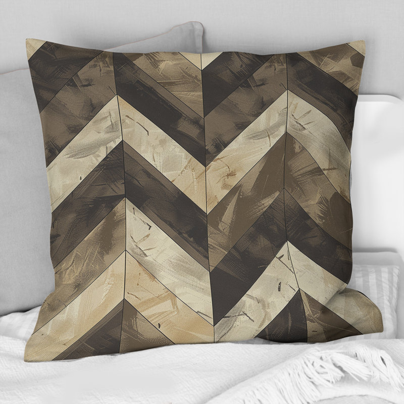 Carreaux à chevrons brun et gris - Coussin décoratif moderne, H 18 po x l 18 po