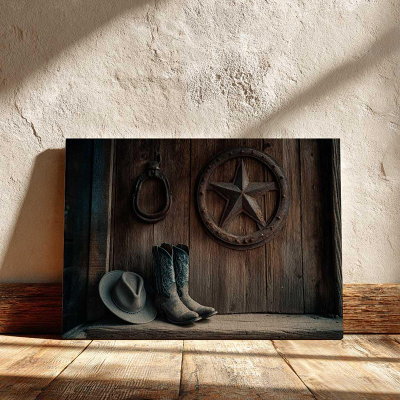 Toile Texas Star - bottes et chapeau de cowboy, décor occidental rustique, H 12 po x l 18 po