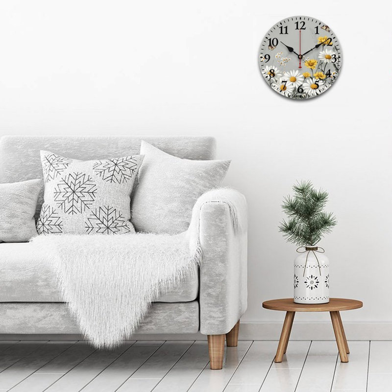 Horloge murale ronde jaune 12 po x 12 po avec marguerite jaune, pour décor de salon
