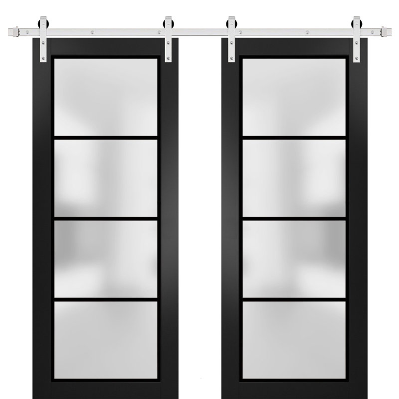 Porte de grange double robuste avec verre givré | Planum - noir mat 2132 | Ensemble de cintres en métal argentés 13 pi | Portes intérieures modernes à panneau massif - 36 po x 80 po (2 * 18 x 80) - Rail argenté