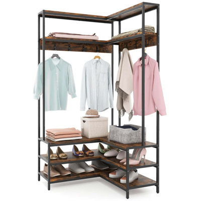 Corner Garment Rack L-shaped Clothes Rack With Open Shelves & Adjustable Foot Pads Walnut