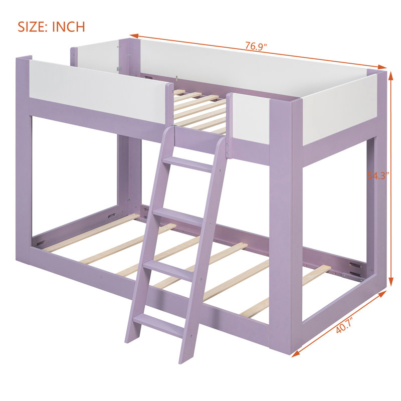 Lit superposé bas simple, en bois, convertible, avec échelle réversible et barrières de sécurité, violet et blanc., Mauve