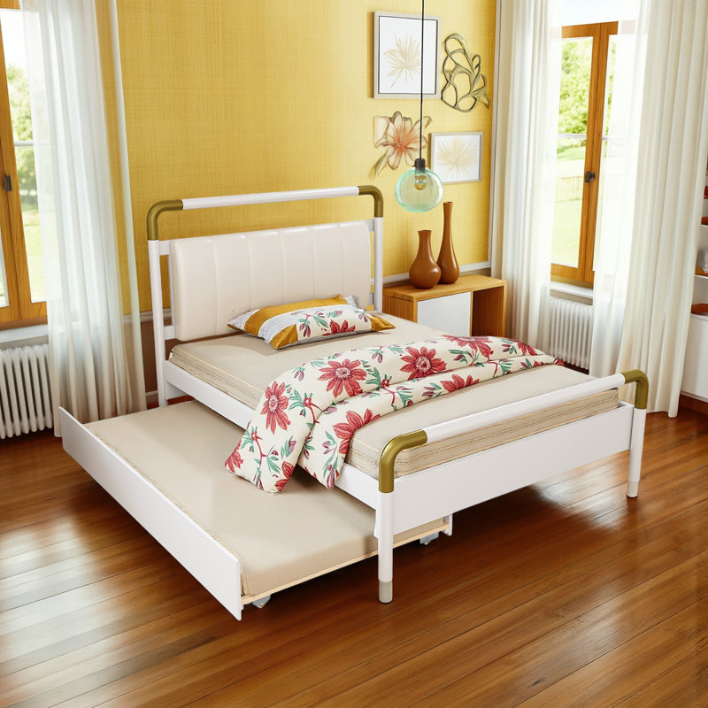 Grand lit plateforme en bois robuste avec lit gigogne coulissant, 2 tiroirs, Blanc