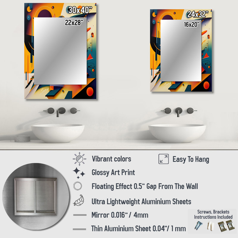 Multicolor Geometric Orange Shapes II - Geometric Wall Mirror, Modern Decorative Mirror, Printed Metal Art, 32" x 24"