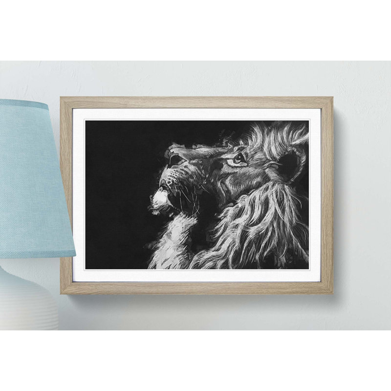 Majestic Lion Illustration in Abstract - Picture Frame Graphic Art Print, 40cm H x 60cm W x 2cm D, Oak