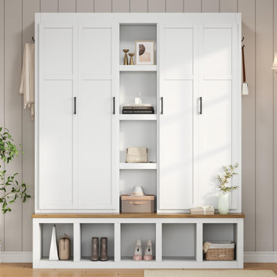 Farmhouse 4-in-1 Hall Tree with 6 Hooks, Storage Bench, and Shoe Cabinet for Entryway, Living Room
