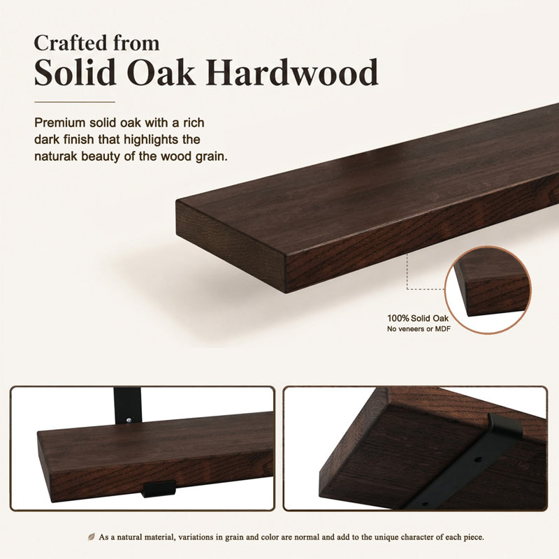 Oak Floating Shelf, 1.5" H x 48" W x 7.5" D, Dark Brown Wood