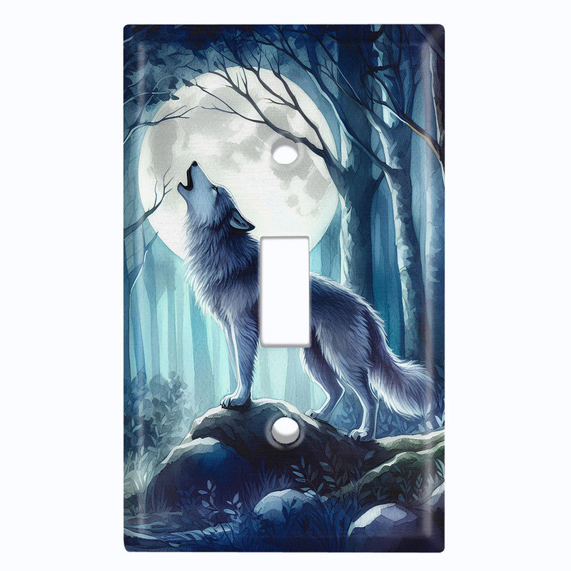 Metal Light Switch Plate Cover; US Standard Size 1 Gang Toggle - Howling Wolf Moon, #1 Single Toggle
