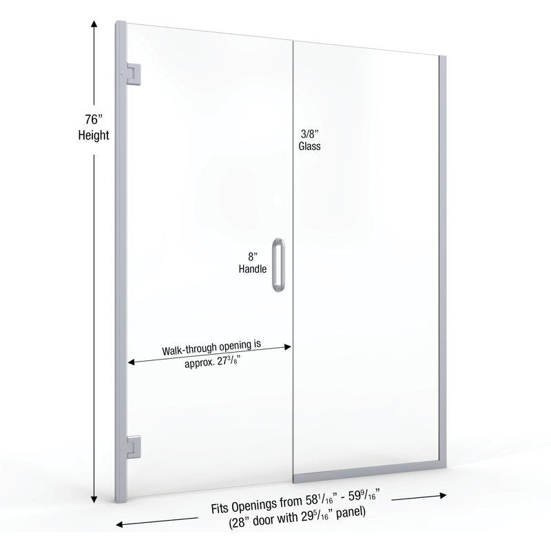 Coppia 58.06'' - 59.56'' W x 76'' H Hinged Frameless Shower Door with Clear Glass, Brushed Nickel, AquaGlideXP Clear