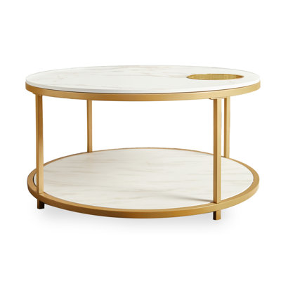 Table basse ronde blanche et dorée, table basse de salon de 34,64 pouces, plateau de table simple à deux couches avec supports de rangement et plateaux de rangement, mobilier de maison moderne