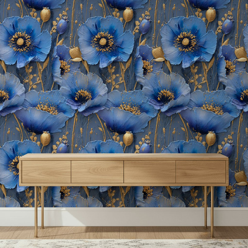 Floral Wallpaper Blue Gold Decorative Mural