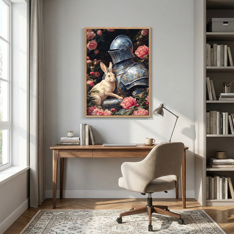 Art mural sur toile bleu avec chevalier bleu et lapin blanc, H 24 po x l 18 po