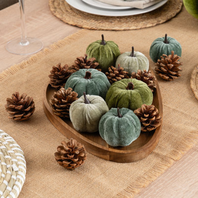 Set of Green Velvet Pumpkins and Pinecones