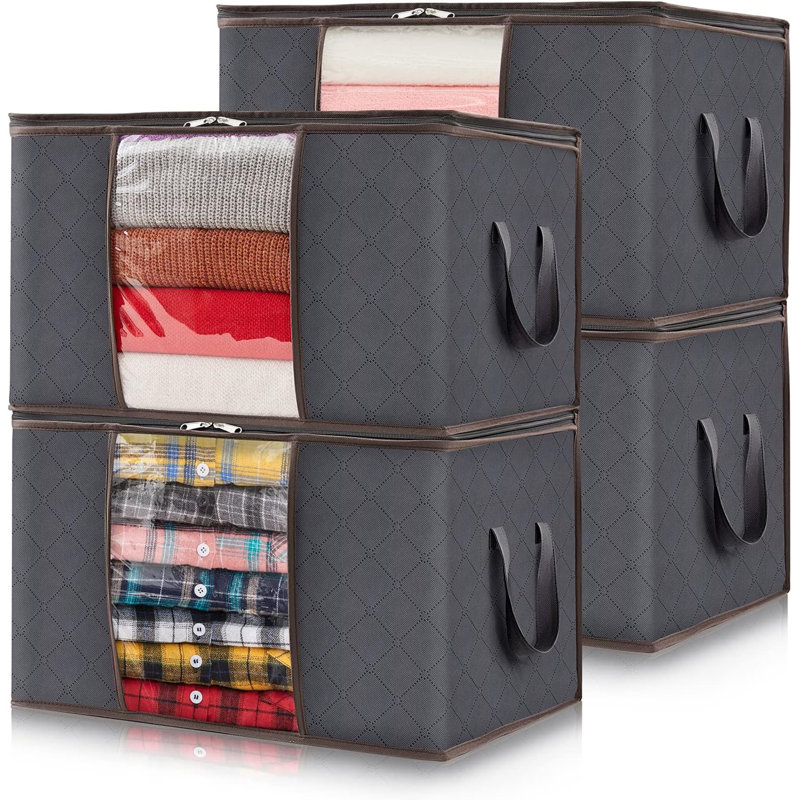 Ensemble de 4 sacs de rangement pour vêtements, bacs de rangement pour les vêtements, couvertures, édredons, rangement pour vêtements pliable avec poignée renforcée, fermeture à glissière robuste, organisateur de placard avec fenêtre transparente