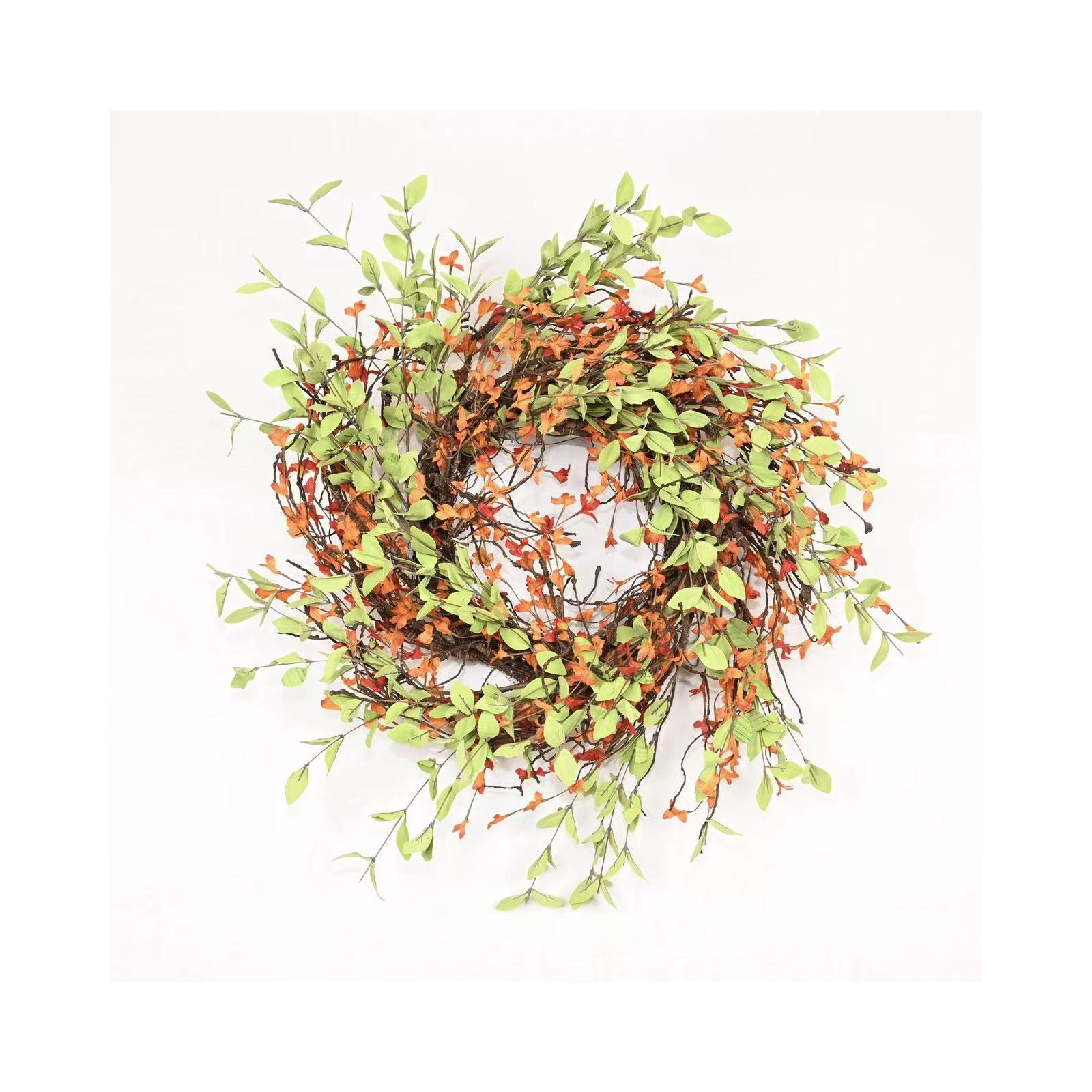 26" Artificial Farmhouse Blossom Cluster Fall Foliage Twig Thanksgiving Day Harvest Wreath For Front Door, Green/Orange