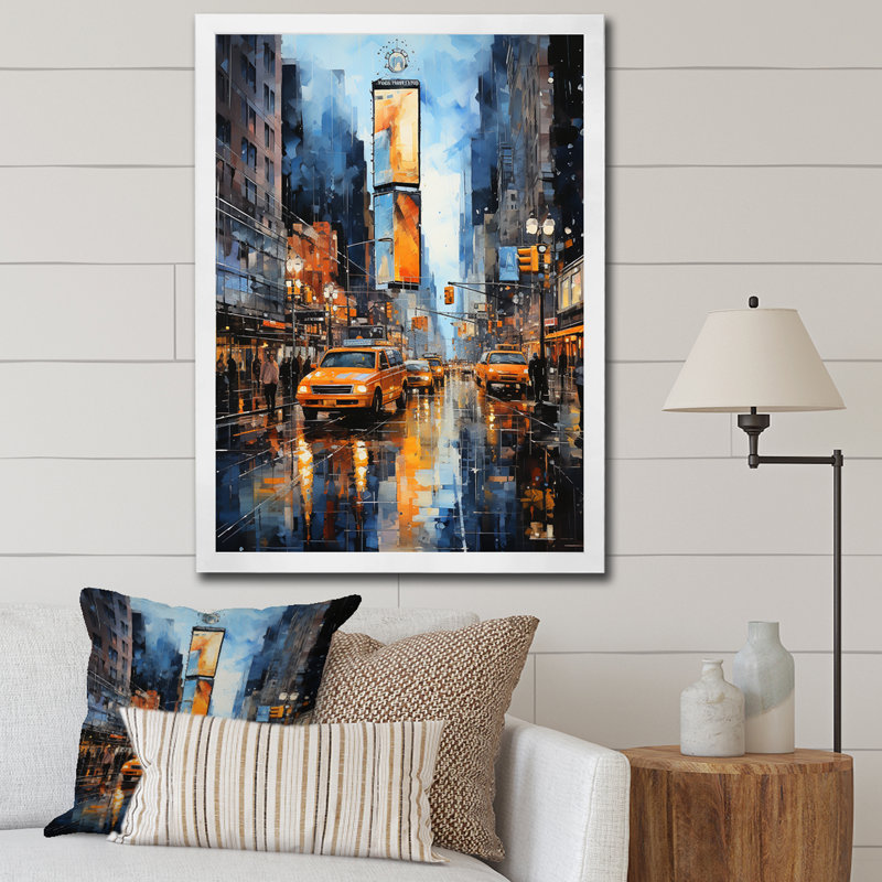 Reproduction d'art mural jaune et gris New York Times Square - paysages urbains, Cadre photo blanc