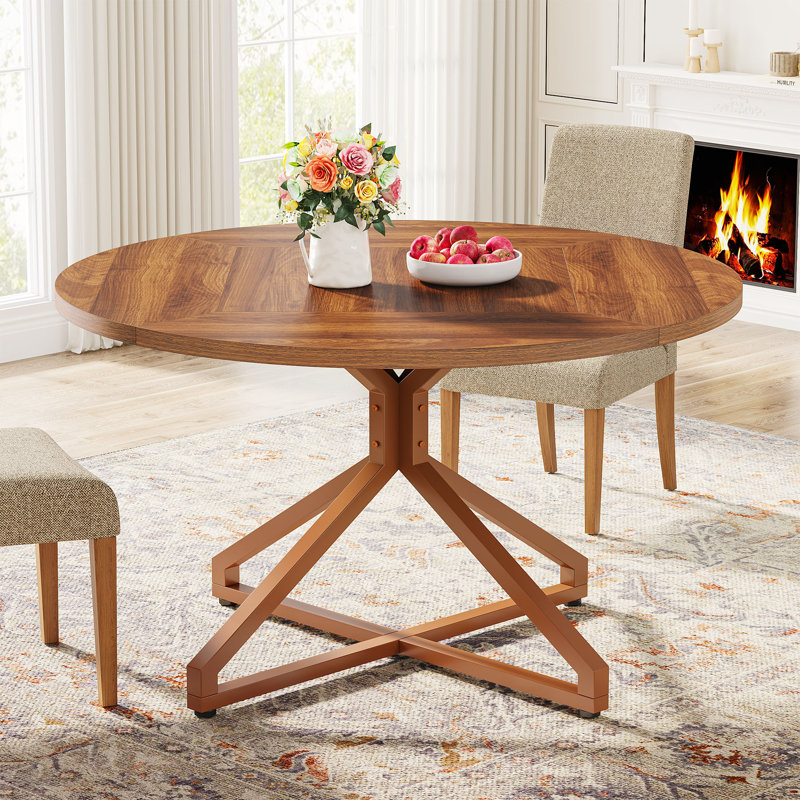 Brown Round Wood Dining Table with Metal Pedestal Base
