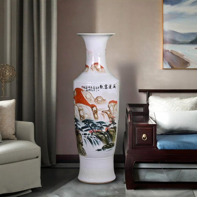 55,12 po Jingdezhen, pièce de décoration de grand vase sur pied peinte à la main, H 55,12 po x l 17,32 po x P 17,32 po