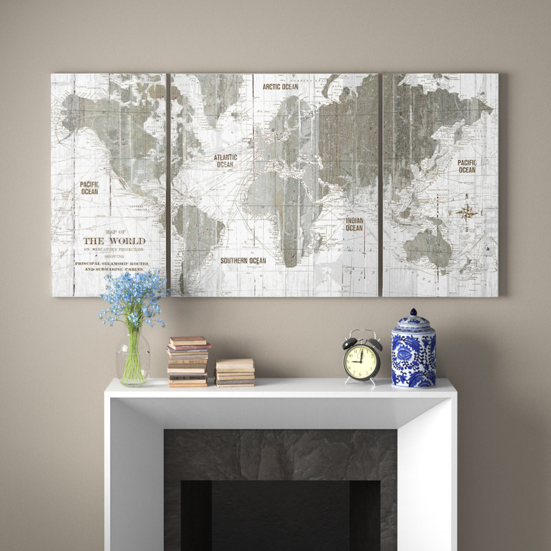 Clyatt Old World Map - 3 pièces, impression sur toile, H 40 po x l 80 po x P 1,5 po