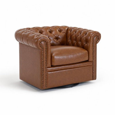 Fauteuil club pivotant à 360 degrés avec design inspiré de Chesterfield, revêtement capitonné à boutons profonds, garniture cloutée classique, accoudoirs à volutes, structure en bois massif robuste
