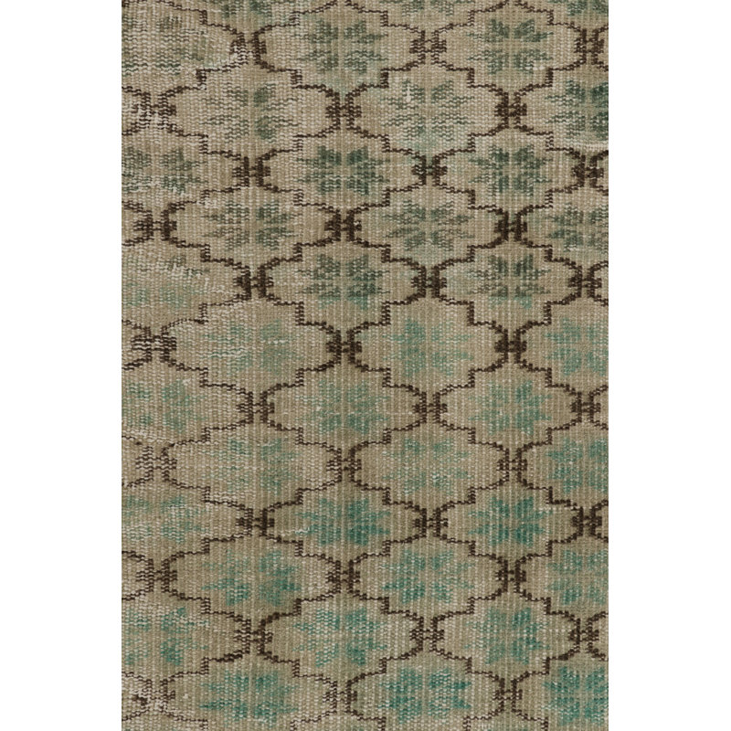 Vintage Turkish Runner Rug, Green And Beige With Geometric Patterns – Rug & Kilim