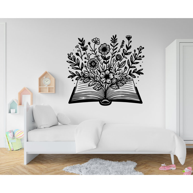 Autocollants muraux livre avec fleur en vinyle, décor de tablettes, H 17 po x l 19 po