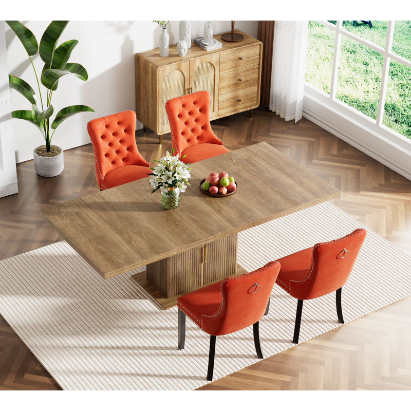 62.99" -78.74" Extendable Dining Table Set, Brown Dining Room Table with Storage & Velvet Dining Chairs with Wood Leg, Rustic Kitchen Dining Table and Chairs Set, Modern Dining Table Set