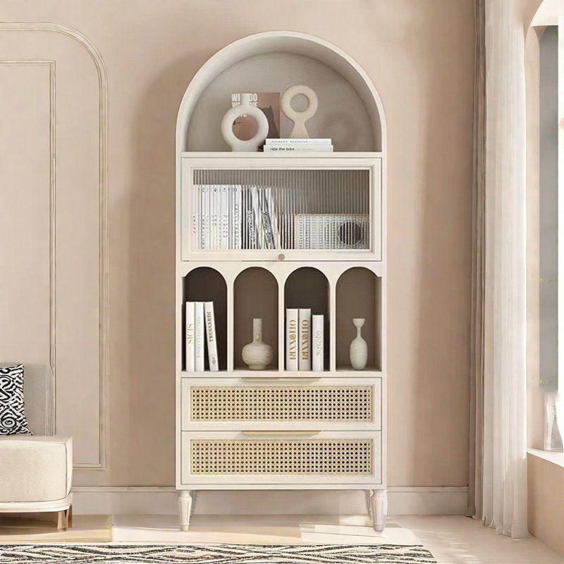 Bibliothèque moderne en bois et rotin simple, Blanc