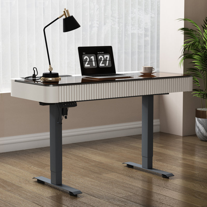 Standing desk with built-in outlet, glass top, Beige, 29.5" H x 50" W x 23" D