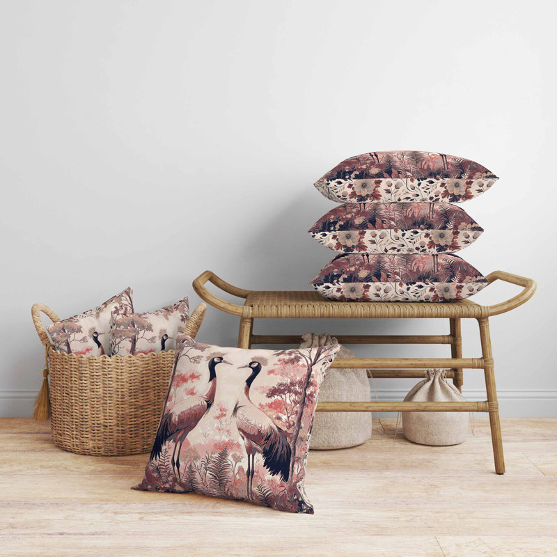 Coussin en faux suède Autumnal Cranes, Rose, Carré 20 po