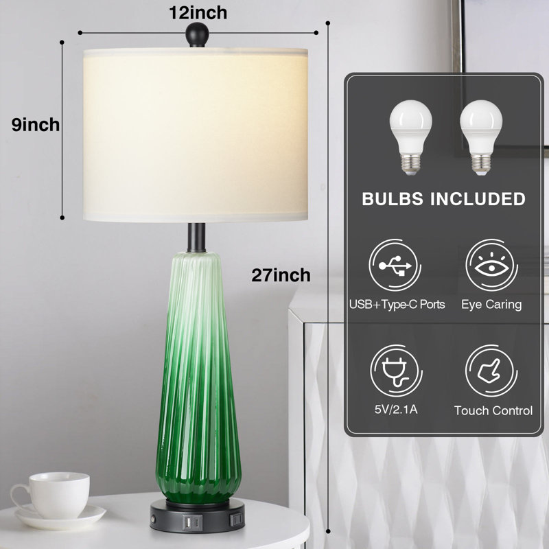 Table Lamps Nightlight 2in1 Glass Green Ripple Style with Rotary Switch Touch Switch(Set of 2), Vert