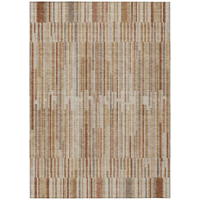 3' X 5' Terra Cotta And Beige Striped Washable Indoor Outdoor Area Rug
