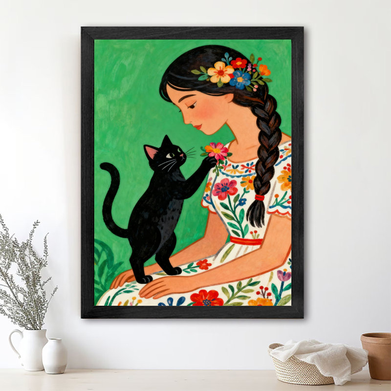 Art rétro encadré noir, "Fille jouant avec un chat", impressions de style rétro, H 37 po x l 25 po
