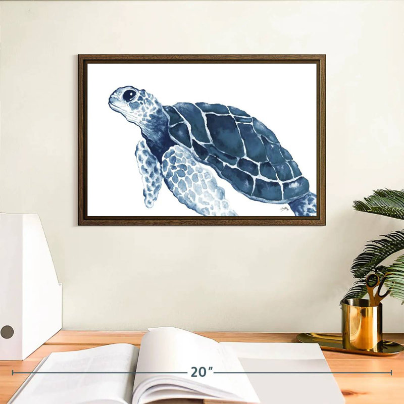 Tortue dans les bleus, 13 po x 9 po, Cadre flottant noyer