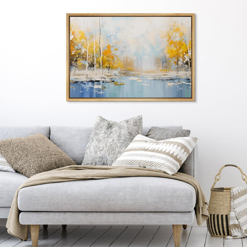 Forêt abstraite «Golden Reflections Autumnal Waterfront» sur, Cadre flottant naturel, H 24 po x l 36 po