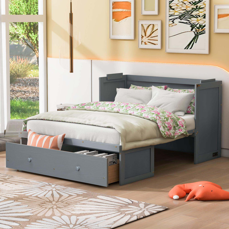 Lit escamotable avec port USB et grand tiroir, Gris, Complète