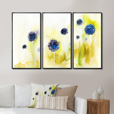 Fleurs bleues dans la prairie - Ensemble d'art mural sur toile traditionnel encadré de 3