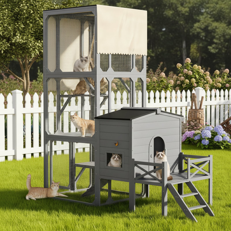 Très grand enclos extérieur pour chat avec bac à litière couvert, cage à chat en bois avec plateformes et toit résistant aux intempéries, gris