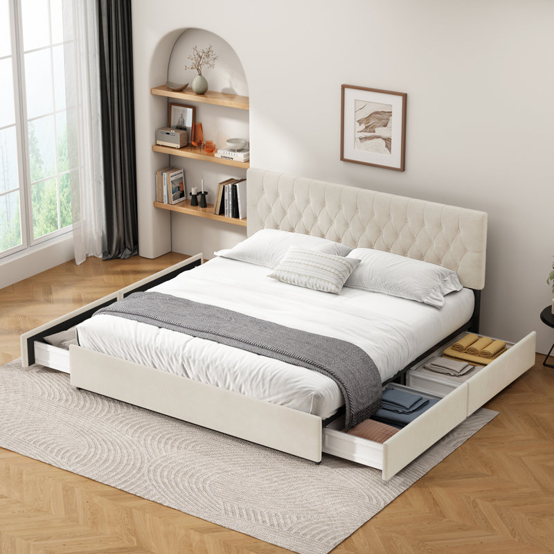 Lit avec rangement tapissier 4 tiroirs, Crème, Très grand