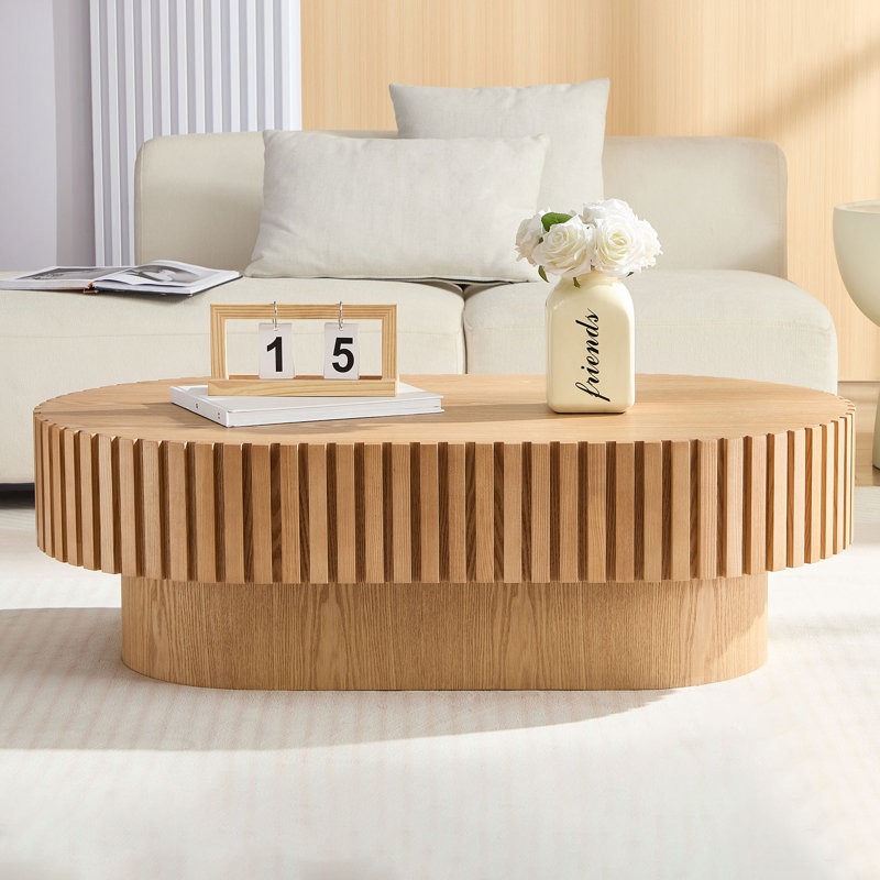 Table basse 43,70 pouces, table de cocktail cannelée ovale moderne avec base encastrée, bois, frêne naturel