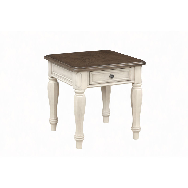 Table de bout antique blanche et brune avec tiroir de rangement