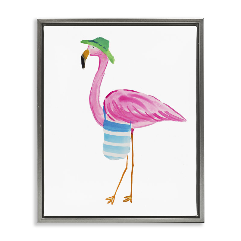 «Flamingo with Beach Tote» par Julie DeRice, Cadre flottant gris lustré, H 21 po x l 17 po