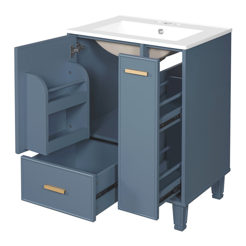 Meuble-lavabo 24 po avec lavabo, armoire de salle de bain avec tablette de porte, tiroir profond, panier coulissant à 2 niveaux, structure en bois massif et panneau de fibres à densité moyenne, un paquet, bleu gris