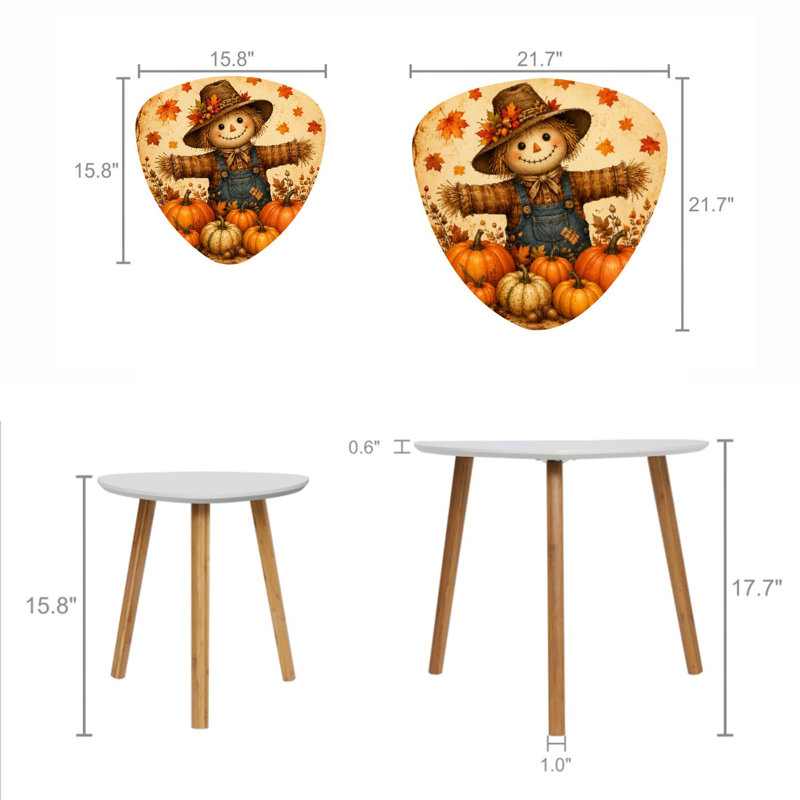 Ensemble de 2 tables basses gigognes triangulaires modernes, motif épouvantail joyeux entouré de citrouilles colorées, style milieu du siècle, petites tables d'appoint pour salon, chambre, appartement, décoration intérieure