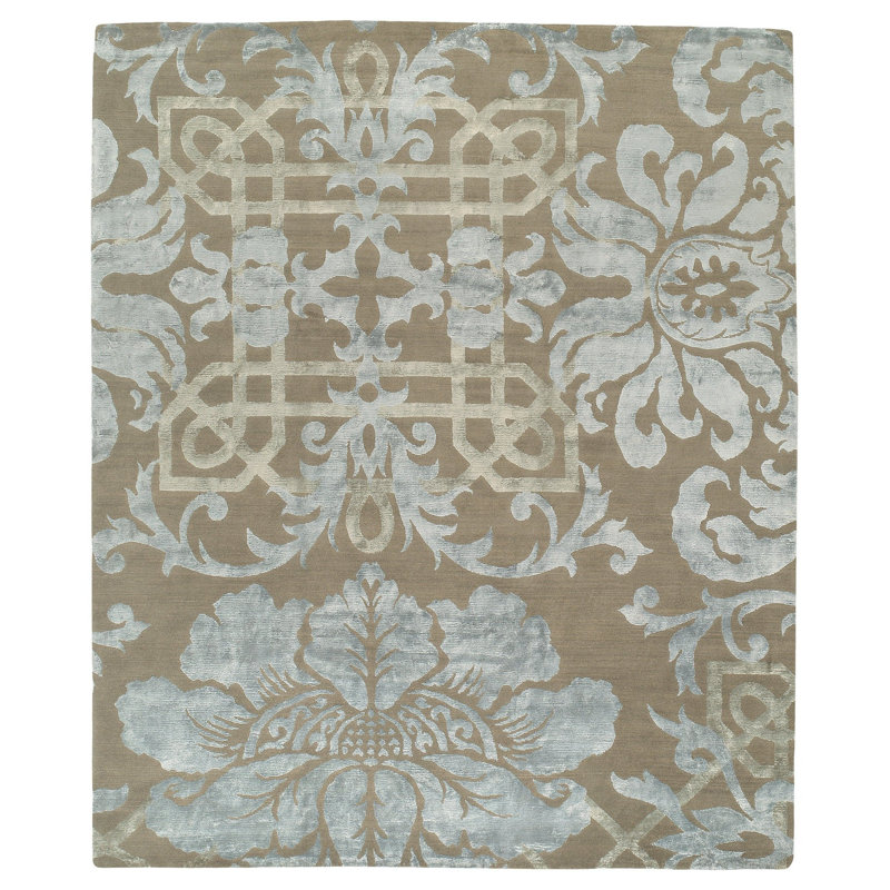 Brocade Floral Area Rug in Blue/Taupe, Rectangle 9' x 12'