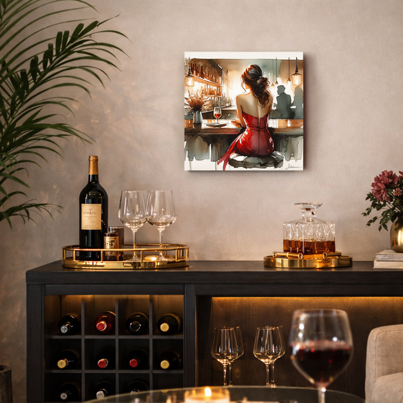 Modern Woman in Red Dress Bar Scene Wrapped Canvas Wall Art for Living Room Dining Room or Home Bar Decor