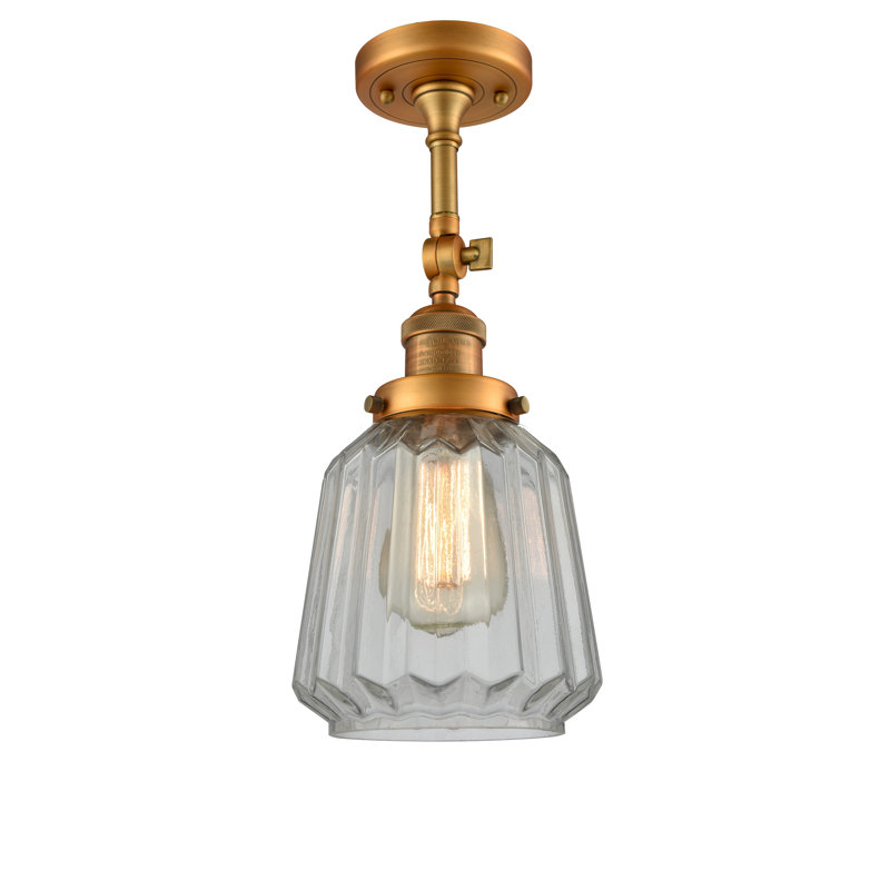 Vinson Glass Semi Flush Mount, Clear, 6 Watt Vinage LED Bulb, Brushed Brass