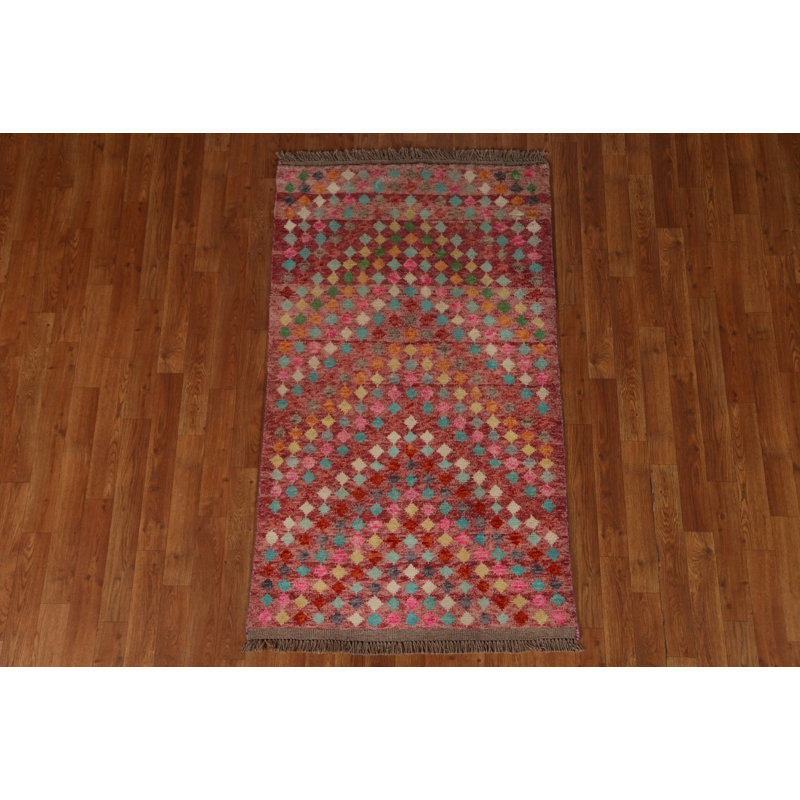 Tapis rose en laine noué à la main de conception unique 2 pi 11 po x 4 pi 11 po New Age