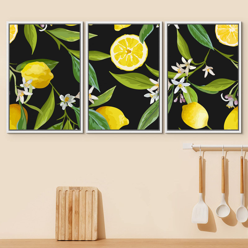 Impression de cuisine sur fond de fruits de citron et de cuisine sur toile, 3 pièces, Cadre flottant blanc, H 24 po x l 16 po